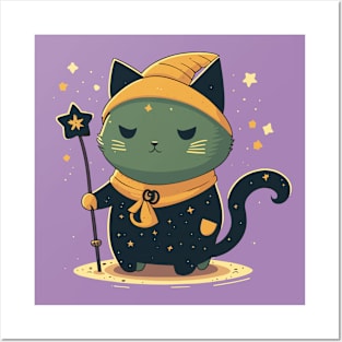 Magical Cat With Sorcerer's Staff Surrounded By Stars Posters and Art
